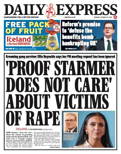 The front page of the Daily Express reads: "'Proof Starmer Does Not Care' About Victims Of Rape."