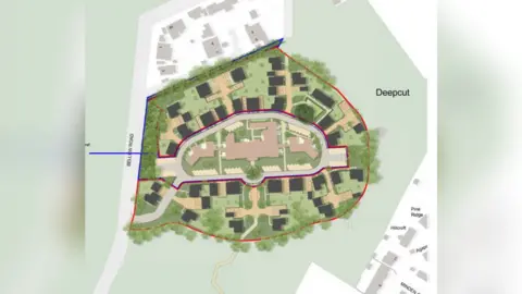 A computer-generated image of a planned housing development seen from above. 