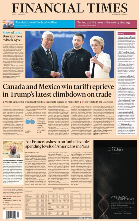 El titular en la página principal de Financial Times dice: "Canadá y México ganan la tarifa de la tarifa en la última escalada contra el comercio de Trump."