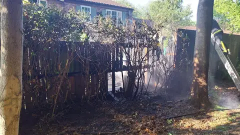 A badly damaged fence after an arson attack. There is a lot of smoke still and the trees are singed from the flames. A firefight can be seen at the side on a ladder behind a tree. 
