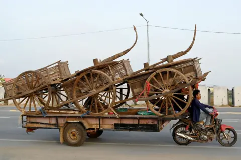 Tang Chhin Sothy/AFP Seorang pria di atas sepeda motornya menarik trailer yang membawa tiga gerobak kayu besar. 