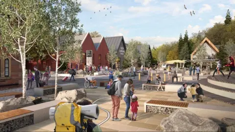 Lomond Banks Art depicting the proposed Flamingo Land resort on the banks of Loch Lomond. Modern buildings line a street with benches and trees. Families walk around the open space