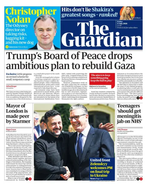 "Trump's Board of Peace drops ambitious plan to rebuild Gaza," reads the headline on the front page of the Guardian. 