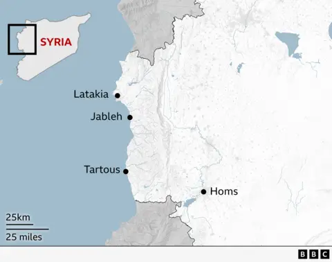 A map shows four cities in the northwest corner of Syria - named as Homs, Tartous, Jableh and Latakia - where fighting occurred on 6 March 2025