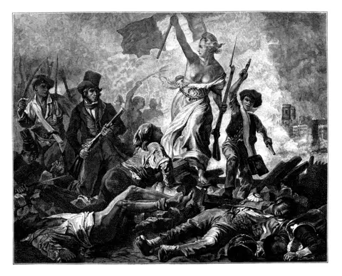 Getty Images A black and white illustration of Liberty Leading the People by Eugen Delacroix
