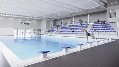 Shropshire Council/Roberts Limbrick A computer generated image of a swimming pool with a man wearing grey shorts preparing to dive off one-of-eight diving blocks. Spectators sat on blue seats can be seen in the background.