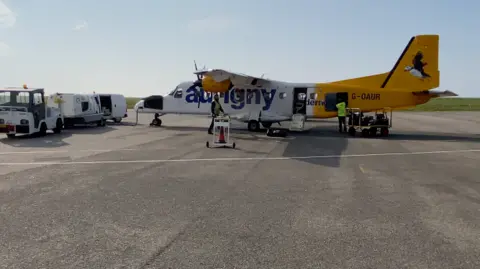 Aurigny plane on a runway with its yellow, white and blue branding. A puffin logo is on the tail of the aircraft
