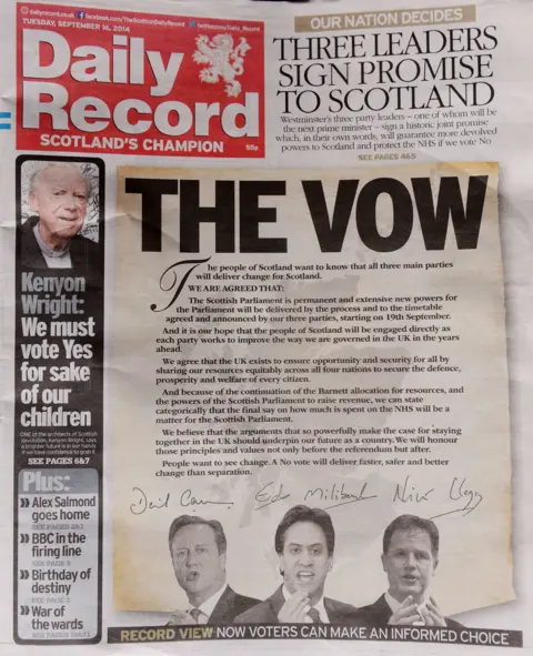 PA Media The Daily Record's Vow front page in 2014, with a signed declaration by party leaders promising more powers for Scotland