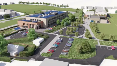 CGI images of how redeveloped Thornhill Academy could look under plans from the Department for Education. There is a main three-floor teaching block with a lower building in front of it and solar panels on the flat roof. There is a large car park in front of it, with a small cluster of buildings on the other side of the car park. The area has patched of grass and trees all around the buildings and roads.