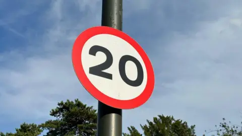 A stock image of a red 20mph sign. There is a blue sky behind the sign and the top of some green trees. 