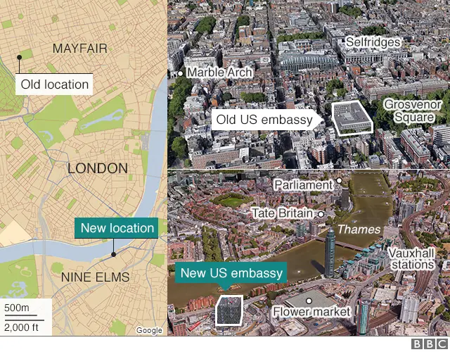 Map showing the locations of the new and old US embassies in London