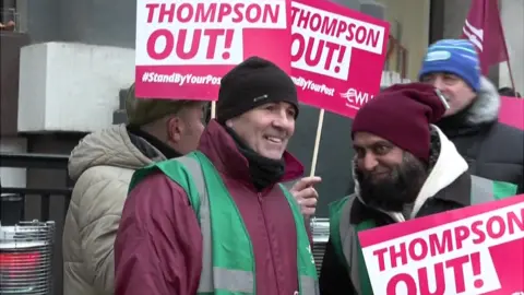 BBC Royal Mail workers striking outside Mount Pleasant Mail Centre