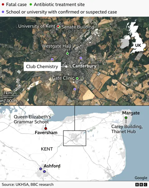 The picture is split into two, the top half is an aerial view of a small part of Kent showing where Club Chemistry and the university are, with the bottom half a zoomed out map of Kent east Kent, with Margate, Faversham and Ashford marked