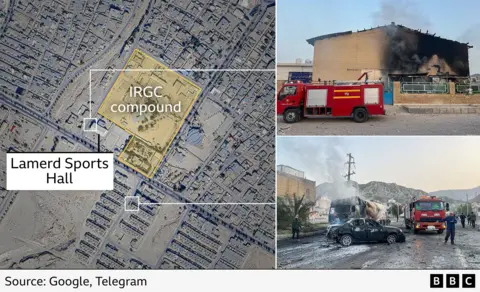 Graphic showing left: satellite image of Lamerd sports hall and proximity to IRGC compound. Right top: smouldering building following air strike. Right bottom: burnt out vehicles in road and emergency vehicle.