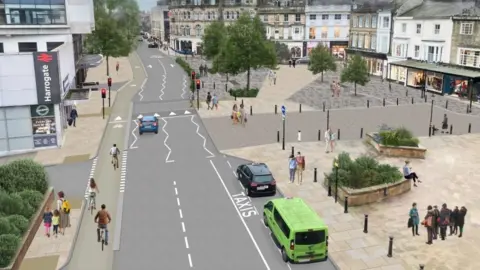 North Yorkshire Council An artists' impression of the Harrogate town centre from above. The train station is on the left, with new footpaths and a bike lane drawn in. 