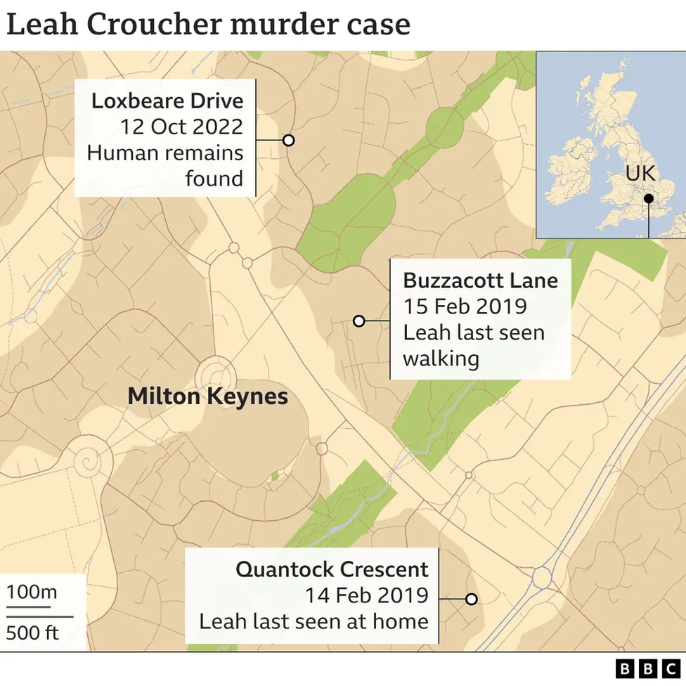 A map showing the various locations connected to Leah Croucher investigation