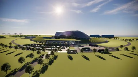 Reuters / Roll Royce Artist impression of a Small Modular Reactor it is a dark building with a curved roof in a field with trees and grass