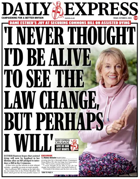 Ahead of a possible Commons vote on euthanasia, Dame Esther Rantzen tells the Daily Express she hopes the measure will be legalized in her lifetime. Dame Esther, who has stage four lung cancer, describes the commitment to vote on the bill as "decisive step forward". 