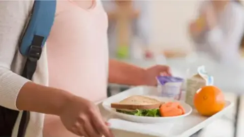 A person holding a white tray with a sandwich, carrots, yogurt, juice box and orange on it.