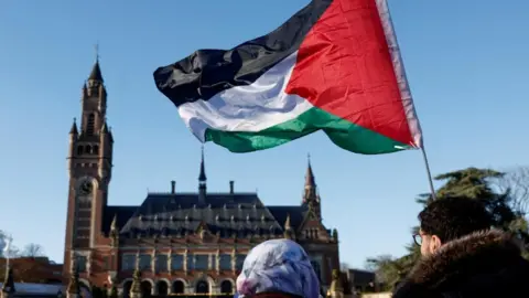 Palestinian supporters hold flag outside the ICJ in The Hague (26/01/24)