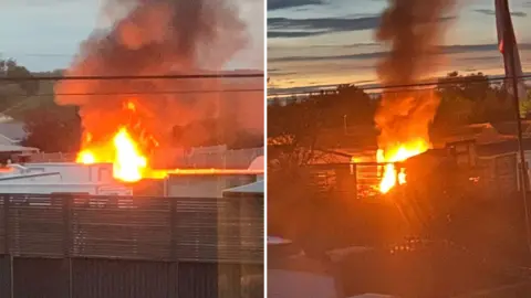Supplied A composite picture showing fires on a caravan site. The image on the left shows yellow and orange flames reaching up into and smoke rising above the base of the fire. The image looks like it was taken in daylight. On the right is a fire within the same caravan site but the flames are set against a duskier sky.
