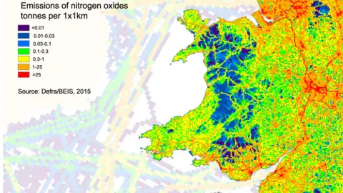 Crown copywright/BEIS This is the most recent air pollution map produced for the National Atmospheric Emissions Inventory