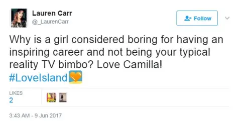 Twitter Twitter: Why is a girl considered boring for having an inspiring career and not being your typical reality TV bimbo? Love Camilla!