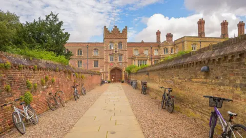 Getty Images A wide shot of the pathway leading to Jesus College at Cambridge University on a sunny day. There are two brick walls on either side of a stone-paved path with pebbles on either side. There are eight bikes symmetrically-placed lined up neatly against the walls