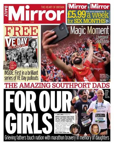 The front page of the Daily Mirror newspaper. The headline reads: 'For our girls: Grieving fathers touch nation with marathon bravery in memory of daughters'.