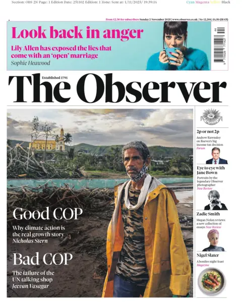 "Good COP, Bad COP", reads the headline on the front page of the Observer, featuring a photo of a man in a mustard waterproof coat to standing in front of a pile of sticks and branches, surrounded by hills and a yellow-faced mansion in the backdrop