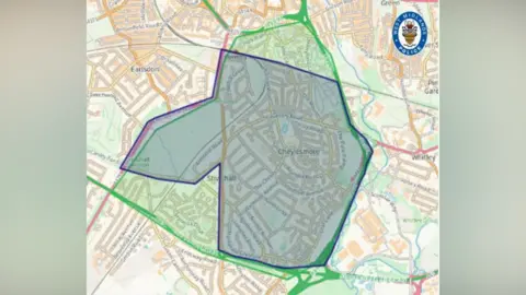 West Midlands Police A map with a green and dark blue shaded area of part of Coventry city centre.