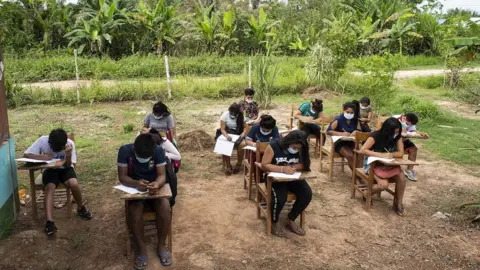 UNICEF Indigenous students learning outside in Peru