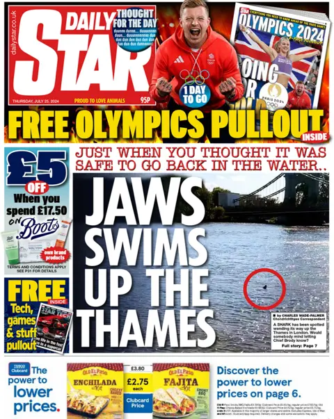 Headline of the Star reads: Jaws swims up the Thames