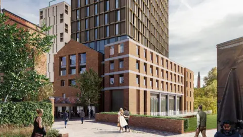 Manner A computer generated image from a more recent plan for the building. It is from different aspect to the previous image, but shows parts of the original building and a large tower block rising behind it. The tower is this time clad in aluminium rather than brick-clad.