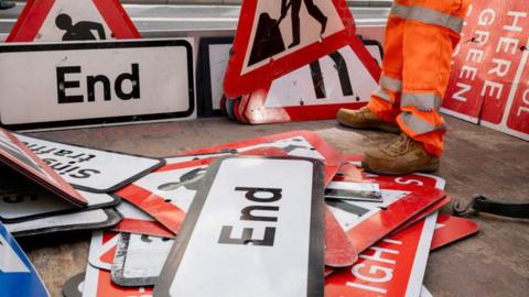 Road work signs in a truck