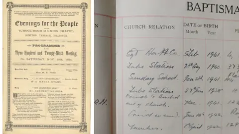 Union Chapel A composite showing two documents - one is for Victorian concerts held specifically for the working class to enjoy as they were low cost or free and the other is a Baptism Register listing the Tube station as a location