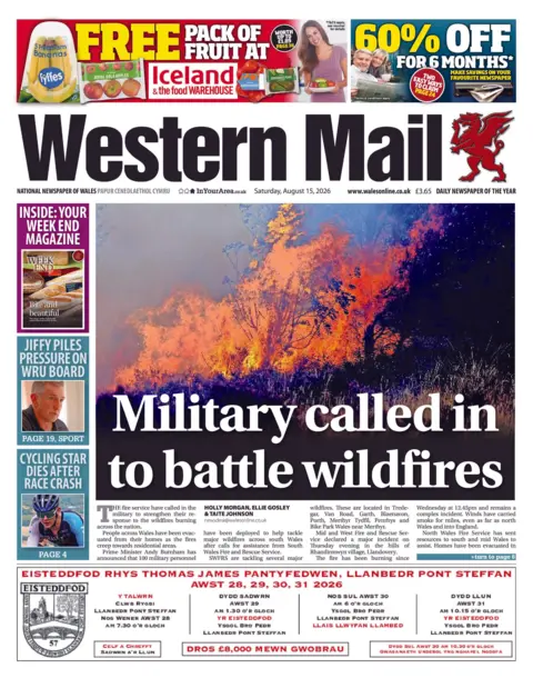 Western Mail Western Mail front page. The main headline reads: Military called in to battle wildfires 