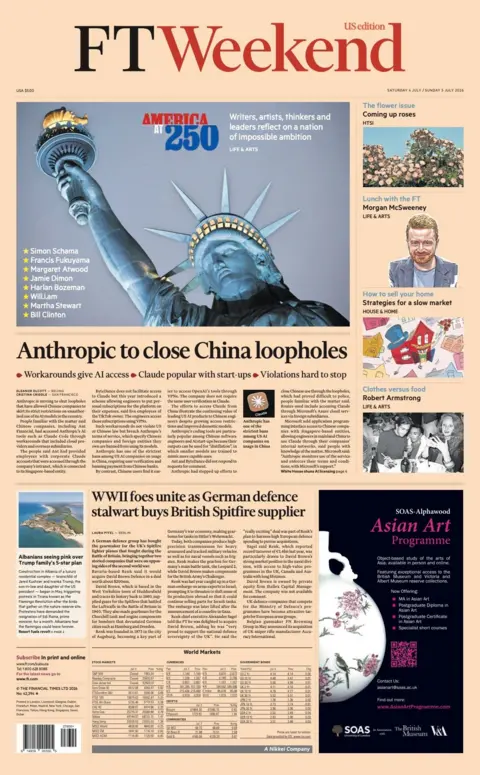 The headline on the front page of the Financial Times reads: “Anthropic to close China loopholes".