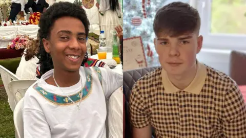 PA Media Left: Amen Teklay smiling at the camera and wearing a white t-shirt with a green, yellow and red design around the collar.
Right: Kayden Moy looking at the camera wearing a brown and black checked polo shirt.