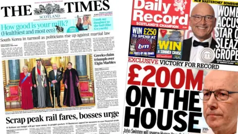 Composite image of The Times, headlined "Scrap peak rail fares, bosses urge" and the Daily Record, headlined "£200m on the house"