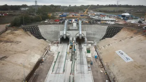 Getty Images Aerial view of the tunnel entrances at the HS2 south portal site in West Hyde, England