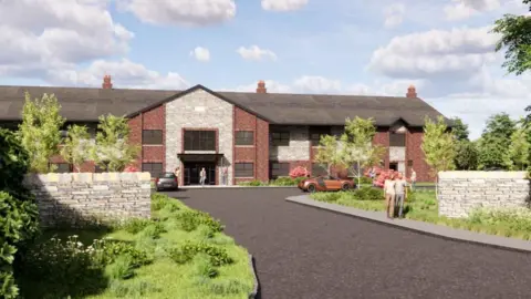 LNT Care Developments A computer generated images of a care home. the building is two storeys with a sloping grey roof. In front is a grey road with two people walking on a pavement.