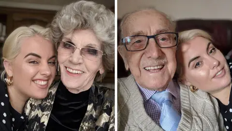Felicity Hayward Two pictures of a blonde woman smiling with her grandparents