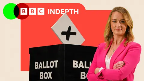 A treated image of a black ballot box with a voting slip marked with a black X being inserted into it with a image of Laura K edited on the side
