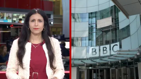 Two pictures side by side: Reporter Noor Nanji in the BBC studio on the left, and a close-up of the BBC building on the right