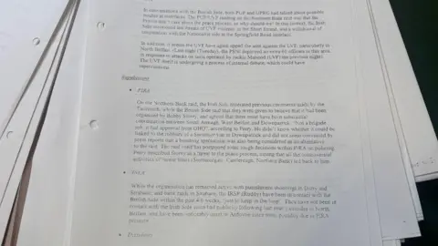 Photo of a document. Several pages are piled on top of each other. Holes have been punched out of the left hand side. Some headers include: PIRA, INLA, dissidents 