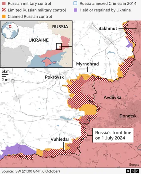 Map showing the areas of Russian military control in eastern Ukraine. A shaded area shows how Russians control an area around Donetsk and Avdiivka. A line showing the front line in 1 July 2024 indicates how far it has advanced towards Pokrovsk since then.