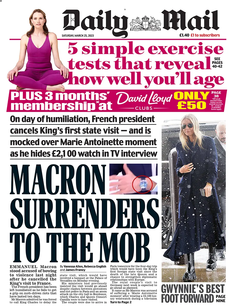 Front page of the Daily Mail, 25/03/2023