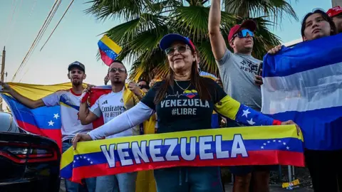 Getty Images A small crowd of revellers holding Venezuelan flags and banners in the Miami suburb of Doral. They are outside and there are palm trees in the background.
