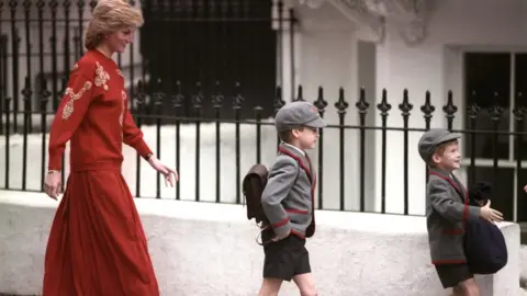 PA Princes William and Harry with their mother Princess Diana on Harry's first day at the Wetherby School in Notting Hill, West London